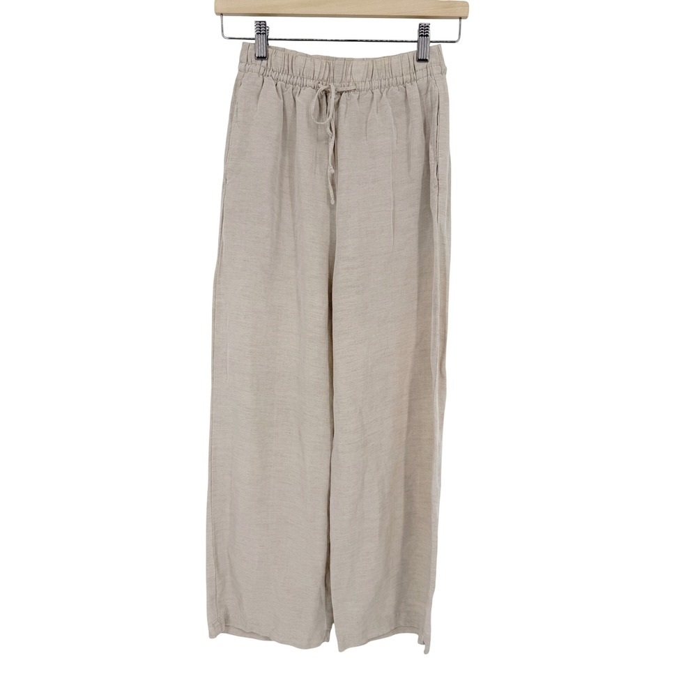 H&M Linen Blend Wide Leg Pants Women XS Tan Drawstring Elastic Waistband